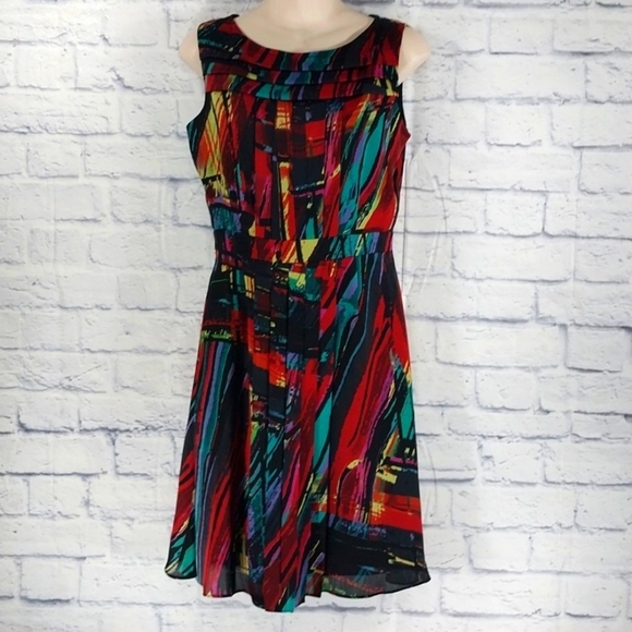 Ellen Tracy Dress Sleeveless w Pleats Artsy Vivi Colors Sz 4 - Picture 1 of 5